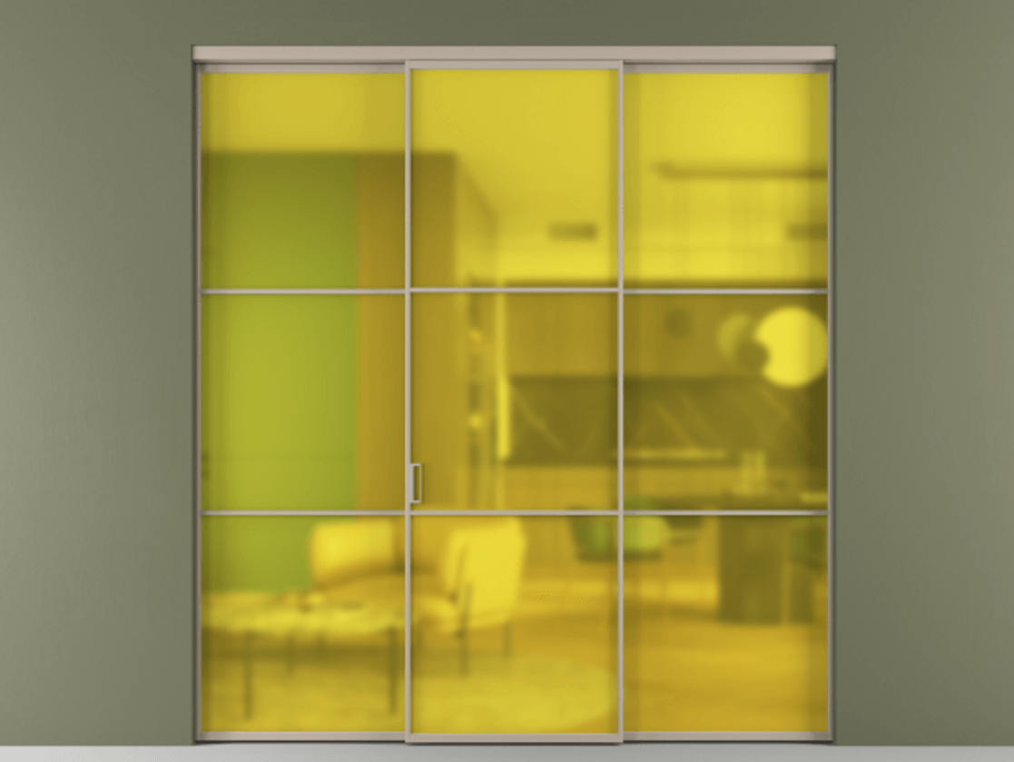 Перегородка Formato внутри проёма 3 створки АЛПР 040.03 Алюминий бисквитный Сатинированное жёлтое стекло, триплекс Цена 1600200 AMD | Volhovec