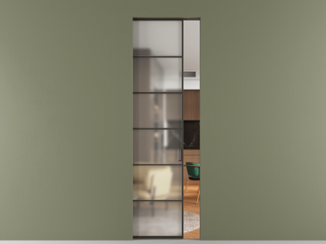 Перегородка Формато скрытый пенал 1 створка АЛПР 040.04 Алюминий антрацит Сатинированное стекло "Мателюкс Кристал Вижн", калёное, матовое, каленое 6 мм Цена 244640 сом | Volhovec