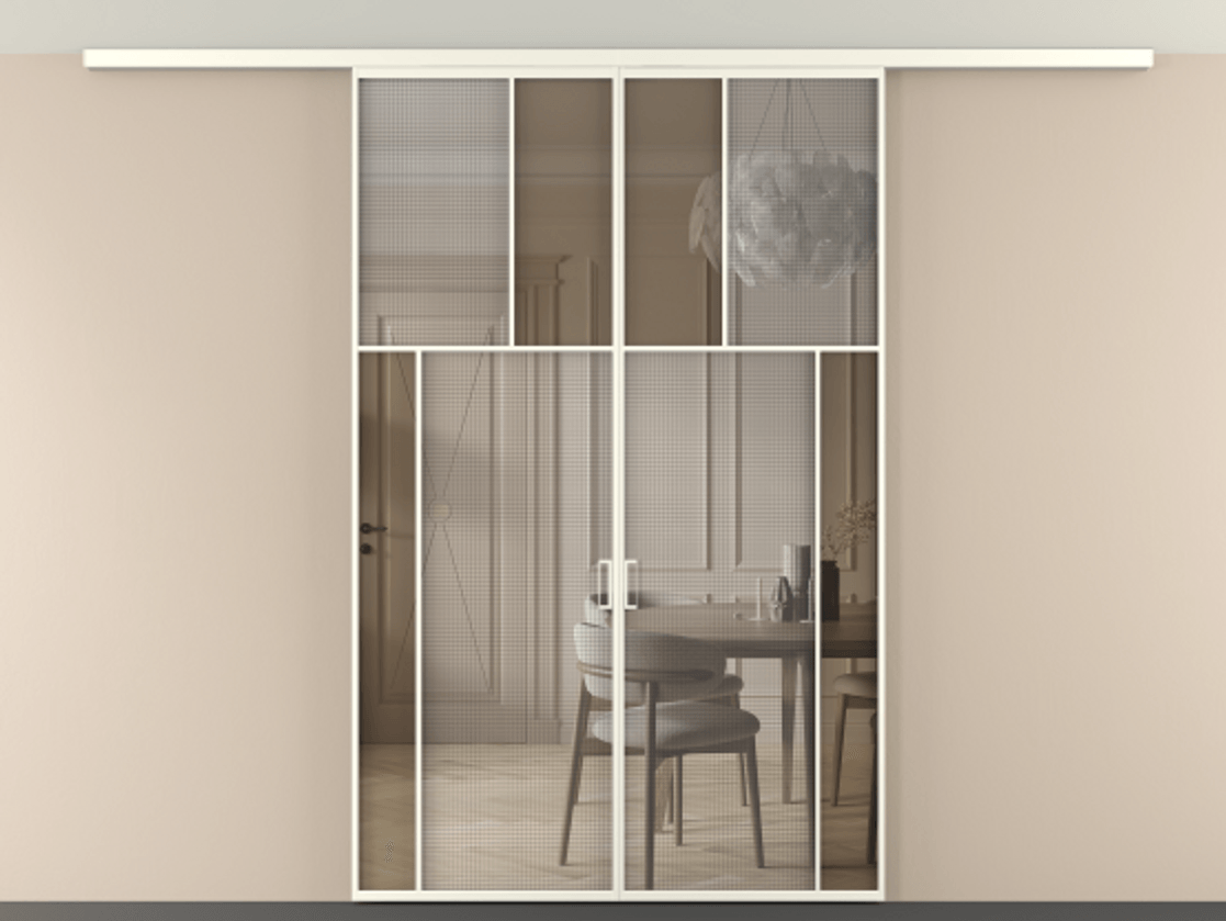 Перегородка Mosaic вдоль стены на потолок двустворчатая АЛПР 041.23 Алюминий жемчужный Декоративное стекло с сеткой "Mesh silver", триплекс, 6 мм + Прозрачное бронзовое стекло, триплекс, 6 мм Цена 259920 ₽ | Volhovec