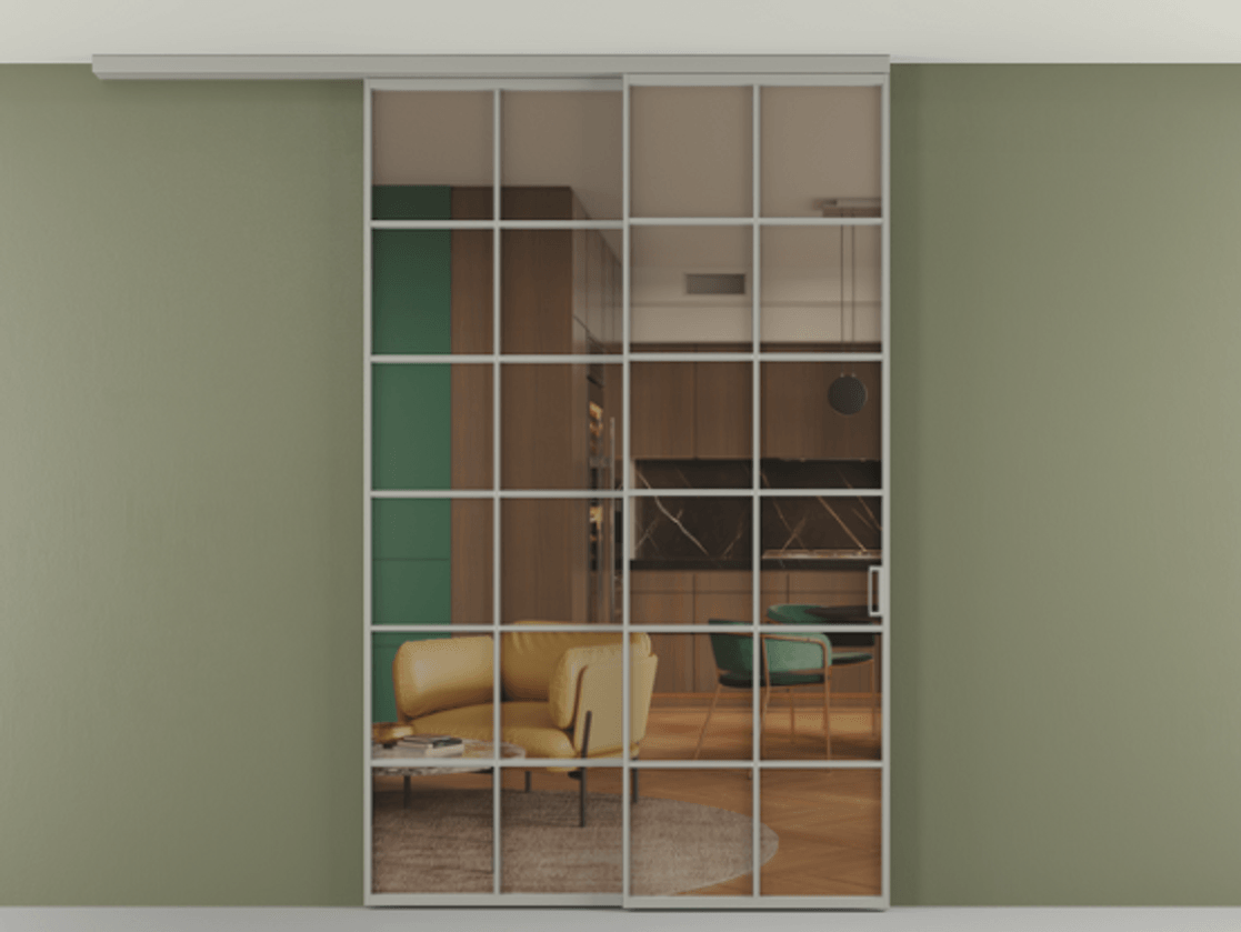 Перегородка Формато вдоль стены на потолок 2 створки с синхронным механизмом АЛПР 040.05 Алюминий нейтральный серый Прозрачное бронзовое стекло, триплекс Цена 1967250 AMD | Volhovec