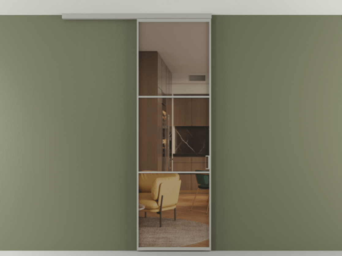 Перегородка Формато вдоль стены на потолок 1 створка АЛПР 040.03 Алюминий нейтральный серый Прозрачное бронзовое стекло, триплекс Цена 792490 AMD | Volhovec