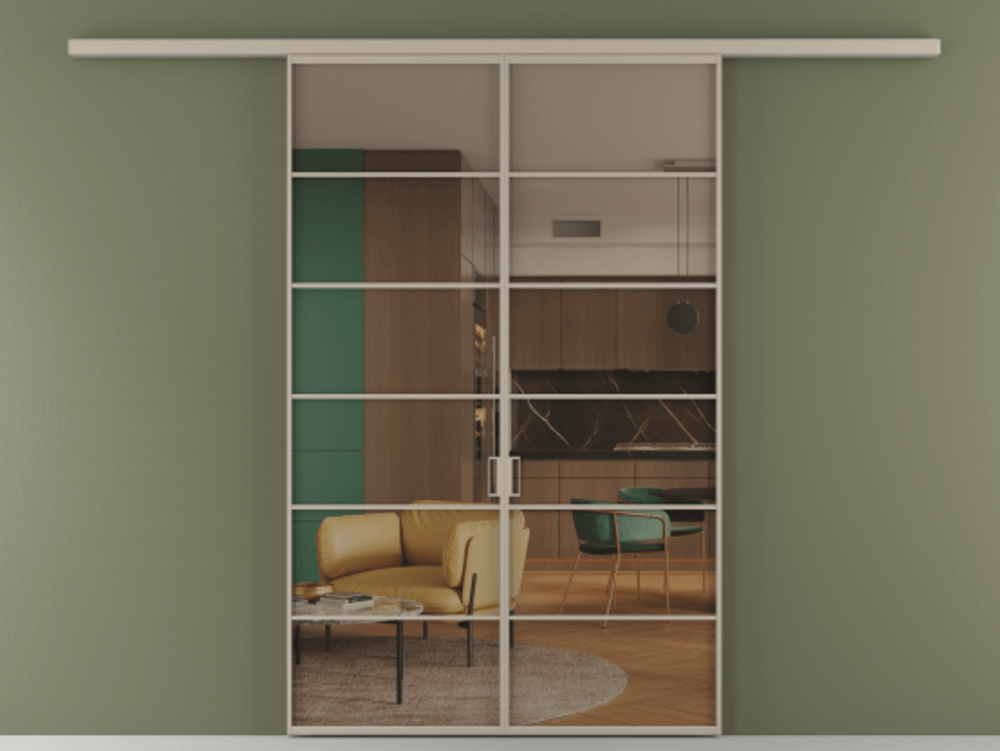 Перегородка Формато вдоль стены 2 створки АЛПР 040.04 Алюминий бисквитный Прозрачное бронзовое стекло, триплекс Цена 1397020 AMD | Volhovec