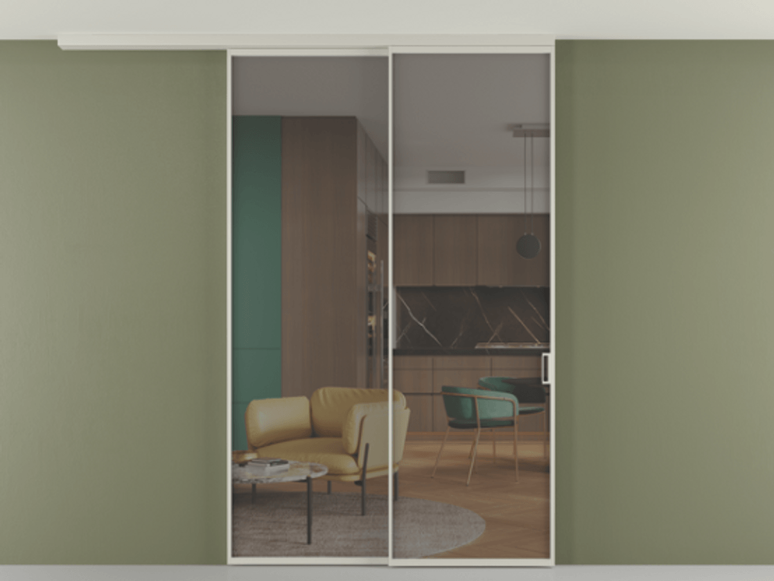 Перегородка Формато вдоль стены на потолок 2 створки с синхронным механизмом АЛПР 040.01 Алюминий тёплый серый Прозрачное серое стекло, триплекс Цена 2017400 AMD | Volhovec