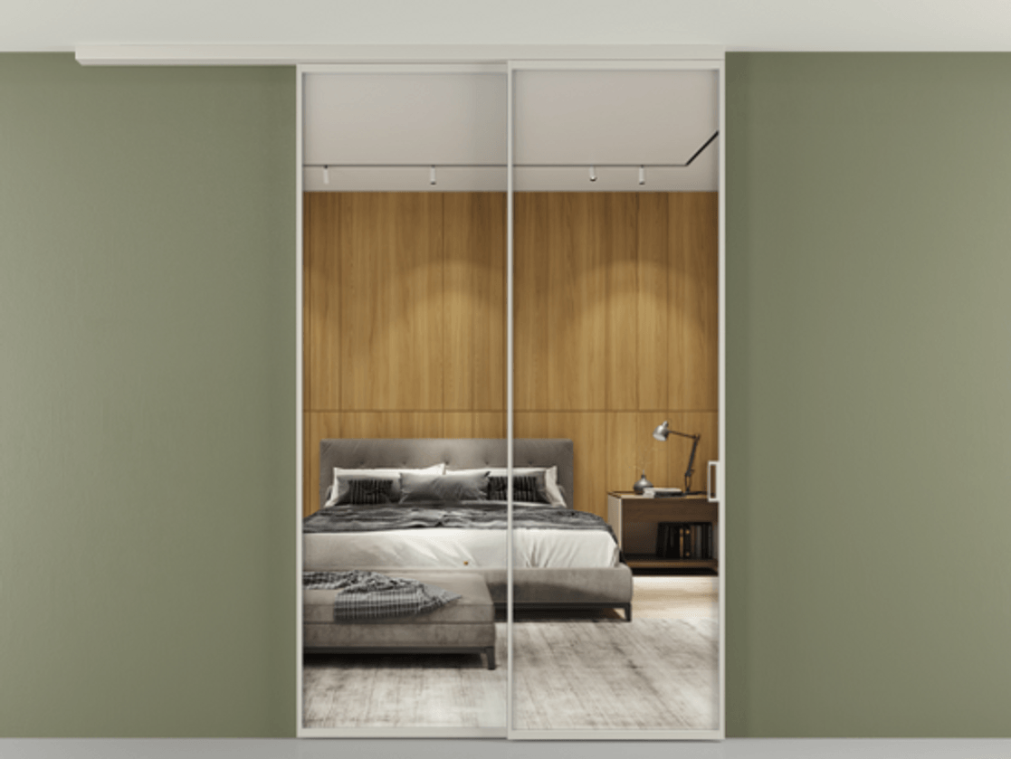 Перегородка Формато вдоль стены на потолок 2 створки с синхронным механизмом АЛПР 040.01 Алюминий тёплый серый Двустороннее зеркало, триплекс , триплекс 6 мм Цена 2017400 AMD | Volhovec