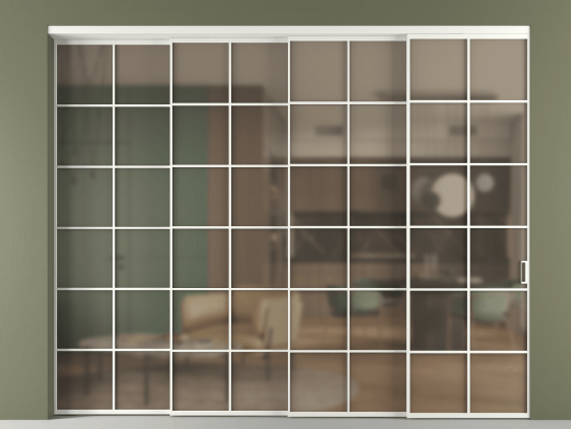 Перегородка Формато внутри проёма 4 створки с синхронным механизмом АЛПР 040.05 Алюминий светло-серый Сатинированное бронзовое стекло, триплекс. Цена 3295660 AMD 1. Полотно 4 шт. (800/2100 мм)
2. Комплект установки раздвижной системы
3. Базовый комплект фурнитуры
4. Комплект фурнитуры телескопик синхро-3
5. Ручка Рондо. Фабрика дверей Волховец 8 (800) 551 43 19 Перегородка Формато внутри проёма 4 створки с синхронным механизмом АЛПР 040.05 Алюминий светло-серый Сатинированное бронзовое стекло, триплекс Цена 3295660 AMD | Volhovec