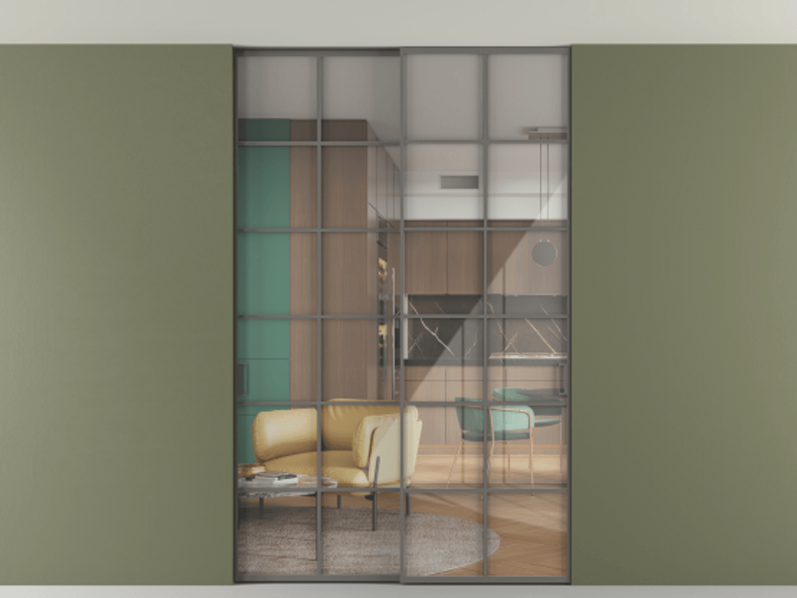 Перегородка Формато внутри проёма скрытое крепление в потолок 2 створки АЛПР 040.05 Алюминий классический серый Рефлективное прозрачное стекло "Стопсол", калёное Цена 2176150 AMD | Volhovec