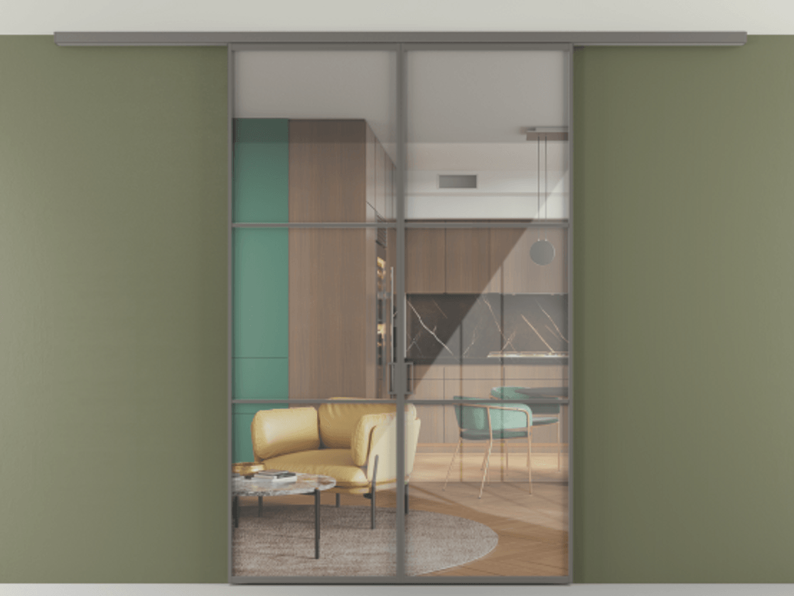 Перегородка Формато вдоль стены на потолок 2 створки АЛПР 040.03 Алюминий классический серый Рефлективное прозрачное стекло "Стопсол", калёное Цена 1400570 AMD | Volhovec