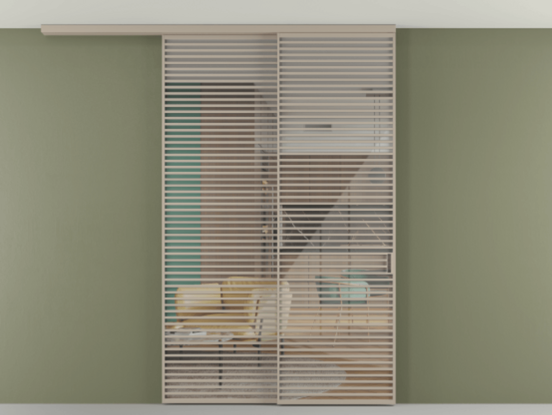 Перегородка Формато вдоль стены на потолок 2 створки с синхронным механизмом АЛПР 040.07 Алюминий бисквитный Рефлективное прозрачное стекло "Стопсол", калёное Цена 3124200 AMD | Volhovec