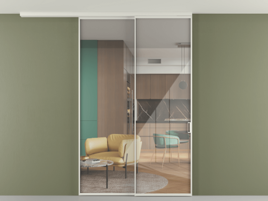 Перегородка Формато вдоль стены на потолок 2 створки с синхронным механизмом АЛПР 040.01 Алюминий серый Рефлективное прозрачное стекло "Стопсол", калёное Цена 1896900 AMD | Volhovec