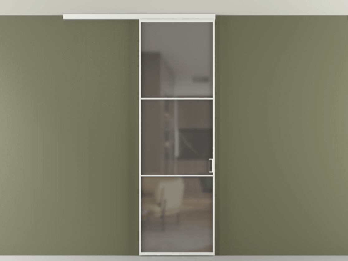 Перегородка Формато вдоль стены на потолок 1 створка АЛПР 040.03 Алюминий белоснежный Сатинированное серое стекло, триплекс Цена 681060 AMD | Volhovec