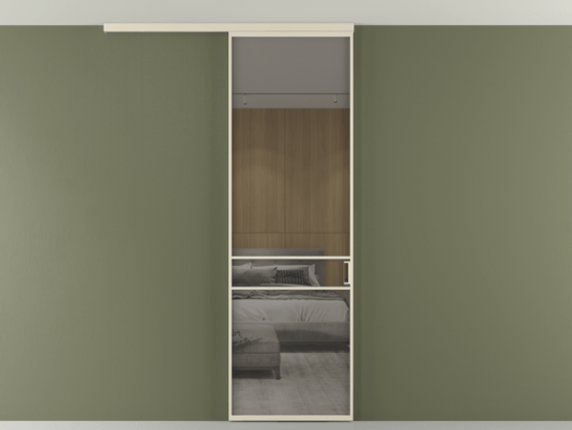 Перегородка Formato вдоль стены на потолок 1 створка АЛПР 040.02 Алюминий бежево-серый Рефлективное серое стекло "Stopsol", калёное Цена 846440 AMD | Volhovec