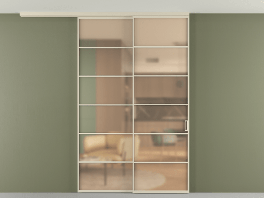 Перегородка Формато вдоль стены на потолок 2 створки с синхронным механизмом АЛПР 040.04 Алюминий бежево-серый Сатинированное оранжевое стекло, триплекс Цена 1967300 AMD | Volhovec