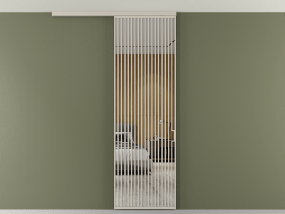 Перегородка Формато вдоль стены на потолок 1 створка АЛПР 040.06 Алюминий светло-бежевый Двустороннее зеркало, триплекс , триплекс 6 мм Цена 1262670 AMD | Volhovec