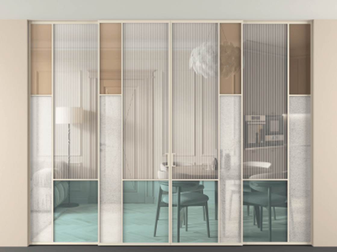 Перегородка Mosaic внутри проёма скрытое крепление в потолок 4 створки АЛПР 041.12 Алюминий бежево-серый Комбинация стекол Группы 1 и Группы 3 Цена 4162800 AMD | Volhovec