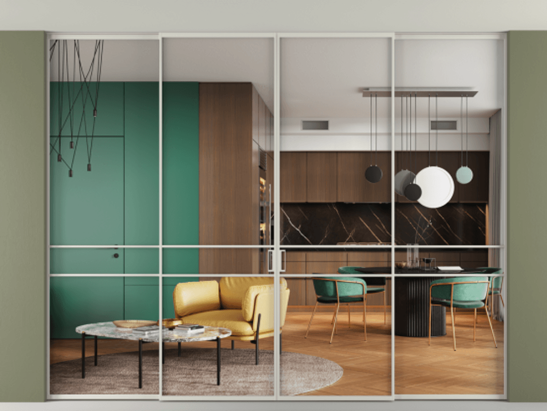 Перегородка Formato внутри проёма скрытое крепление в потолок 4 створки АЛПР 040.02 Алюминий тёплый серый Прозрачное стекло "Crystal Vision", калёное Цена 3743860 AMD | Volhovec