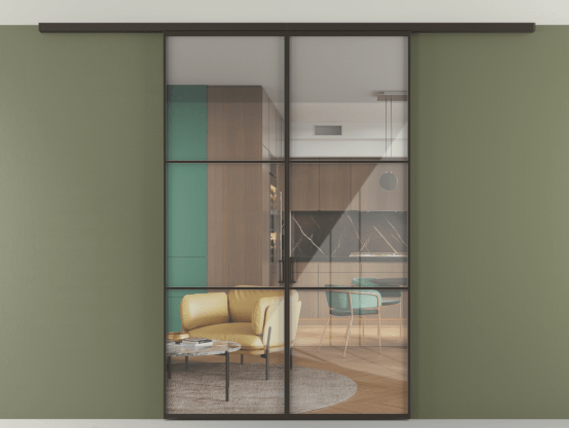 Перегородка Формато вдоль стены на потолок 2 створки АЛПР 040.03 Алюминий антрацит Рефлективное прозрачное стекло "Стопсол", калёное Цена 1400570 AMD | Volhovec