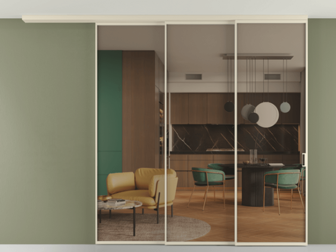 Перегородка Формато вдоль стены на потолок 3 створки с синхронным механизмом АЛПР 040.01 Алюминий бежево-серый Прозрачное бронзовое стекло, триплекс Цена 2576940 AMD | Volhovec