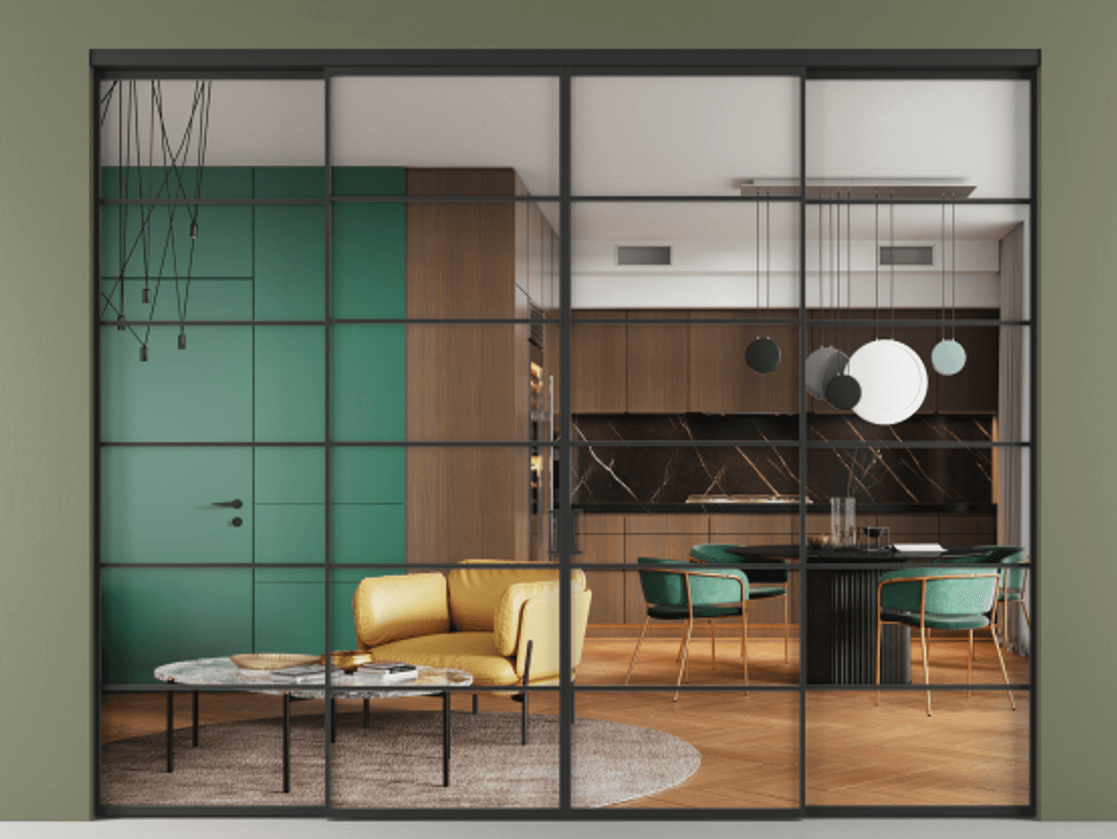 Перегородка Formato внутри проёма четырёхстворчатая АЛПР 040.04 Алюминий Черный Прозрачное стекло "Crystal Vision", калёное, 6 мм. Скрытый короб ЧЕР Цена 2827080 AMD 1. Полотно 4 шт.  (800/2100 мм)
2. Комплект установки раздвижной системы
3. Базовый комплект фурнитуры
4.Ручка RONDO. Фабрика дверей Волховец 8 (800) 551 43 19  Перегородка Formato внутри проёма четырёхстворчатая АЛПР 040.04 Алюминий Черный Прозрачное стекло "Crystal Vision", калёное, 6 мм Цена 2827080 AMD  | Volhovec