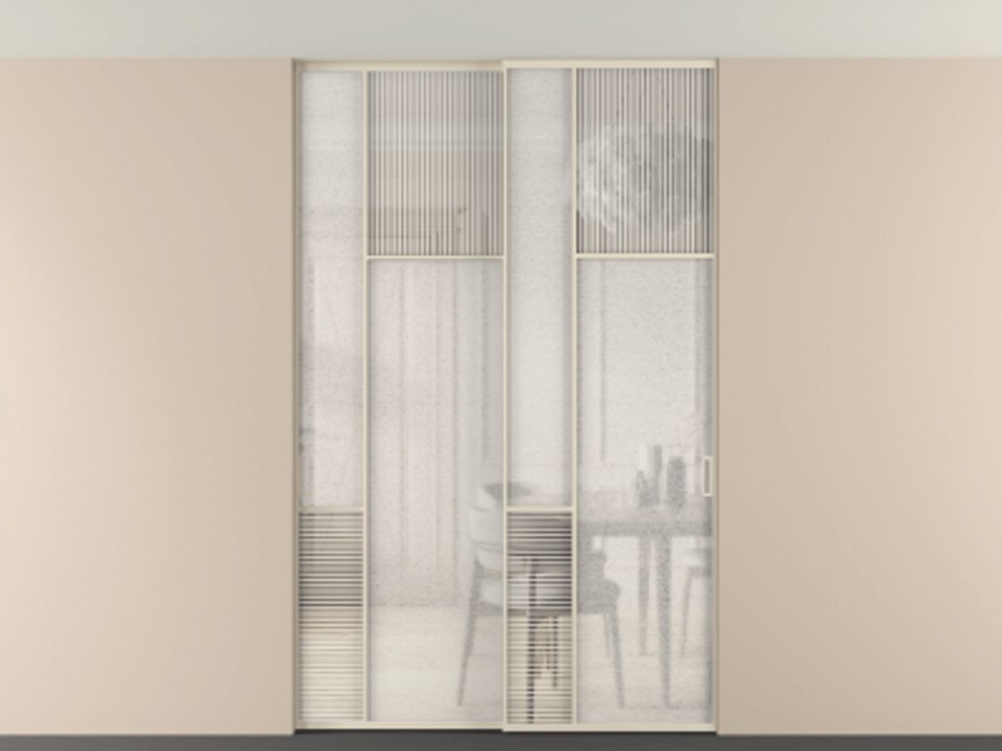 Перегородка Мозаик внутри проёма скрытое крепление в потолок 2 створки АЛПР 041.11 Алюминий бежево-серый Рифлёное стекло "Дюна", триплекс, 6 мм + Фактурное стекло "Лёд", триплекс Цена 2296870 AMD | Volhovec