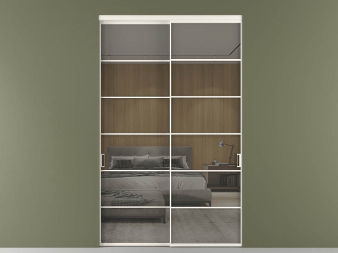 Перегородка Формато внутри проёма 2 створки АЛПР 040.04 Алюминий пудровый белый Рефлективное серое стекло "Стопсол", калёное Цена 3330860 AMD  | Volhovec