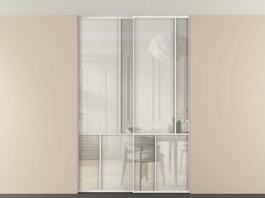 Перегородка Мозаик внутри проёма скрытое крепление в потолок 2 створки АЛПР 041.21 Алюминий светло-серый Рифлёное стекло "Дюна", триплекс, 6 мм + Фактурное стекло "Лёд", триплекс Цена 2296870 AMD | Volhovec