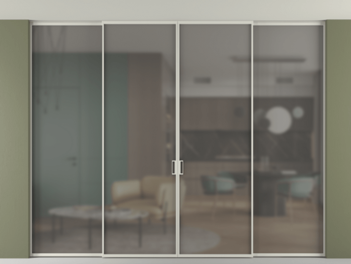 Перегородка Formato внутри проёма скрытое крепление в потолок 4 створки АЛПР 040.01 Алюминий тёплый серый Сатинированное серое стекло, триплекс Цена 2850760 AMD | Volhovec
