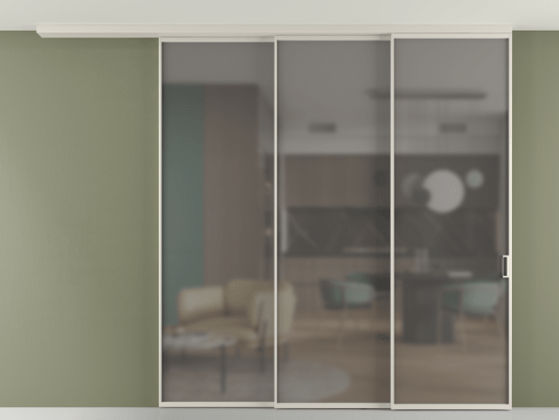 Перегородка Формато вдоль стены на потолок 3 створки с синхронным механизмом АЛПР 040.01 Алюминий облачно-серый Сатинированное серое стекло, триплекс Цена 2576940 AMD | Volhovec