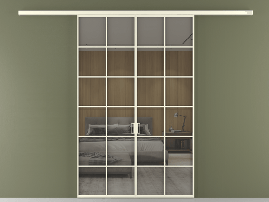 Перегородка Формато вдоль стены 2 створки АЛПР 040.05 Алюминий молочно-белый Рефлективное серое стекло "Стопсол", калёное Цена 1784460 AMD | Volhovec