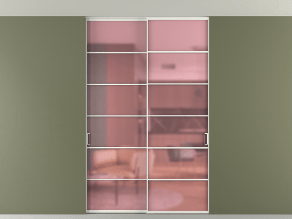 Перегородка Формато внутри проёма скрытое крепление в потолок 2 створки АЛПР 040.04 Алюминий светло-серый Сатинированное розовое стекло, триплекс Цена 1760800 AMD | Volhovec