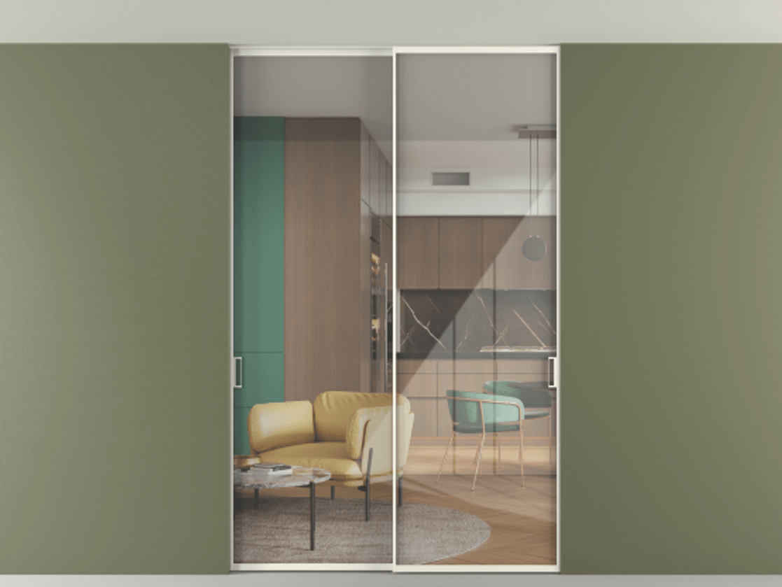 Перегородка Формато внутри проёма скрытое крепление в потолок 2 створки АЛПР 040.01 Алюминий жемчужный Рефлективное прозрачное стекло "Стопсол", калёное Цена 1980310 AMD | Volhovec