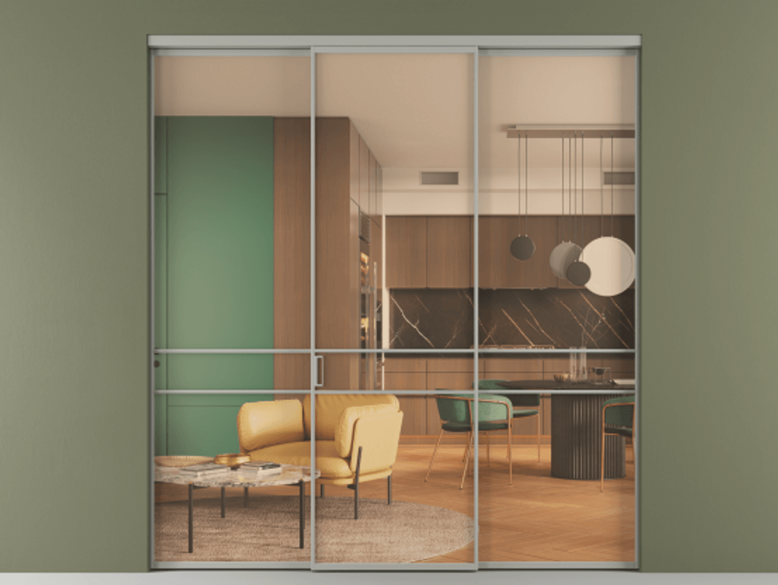 Перегородка Формато внутри проёма 3 створки АЛПР 040.02 Алюминий нейтральный серый Прозрачное оранжевое стекло, триплекс Цена 1600200 AMD | Volhovec