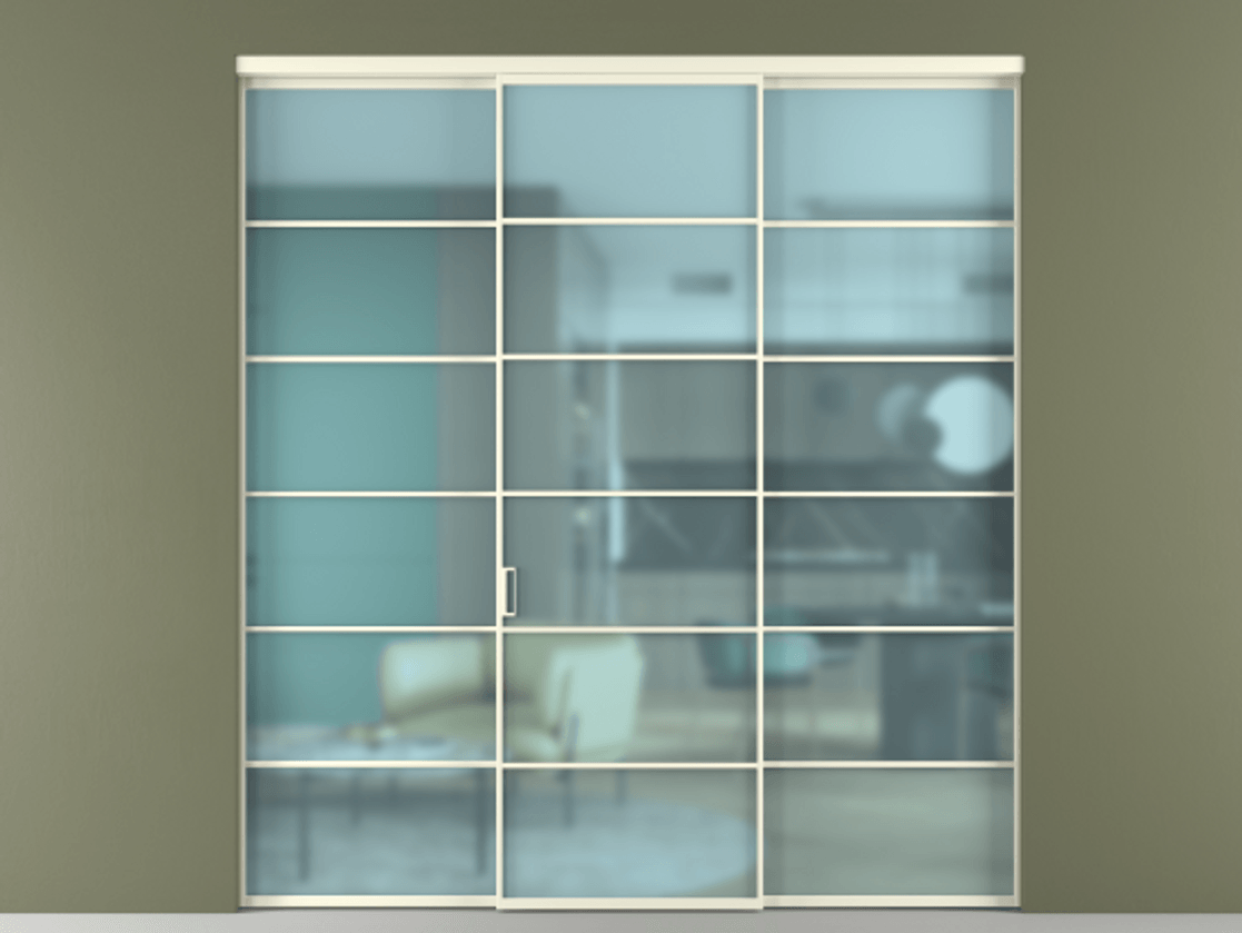 Перегородка Формато внутри проёма 3 створки АЛПР 040.04 Алюминий молочно-белый Сатинированное голубое стекло, триплекс Цена 1718500 AMD | Volhovec