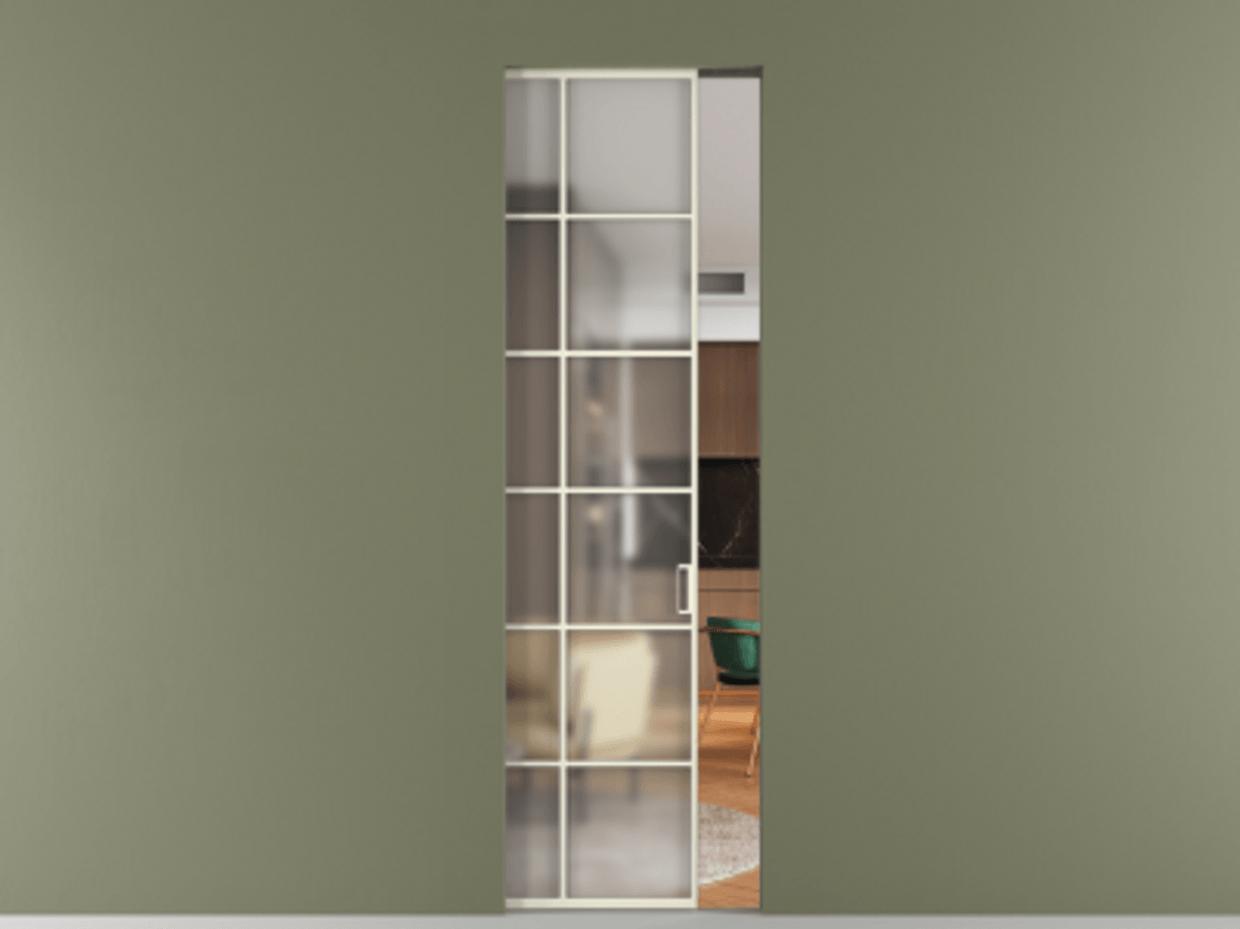 Перегородка Формато скрытый пенал 1 створка АЛПР 040.05 Алюминий молочно-белый Сатинированное стекло "Мателюкс Кристал Вижн", калёное, матовое, каленое 6 мм Цена 1133130 AMD | Volhovec