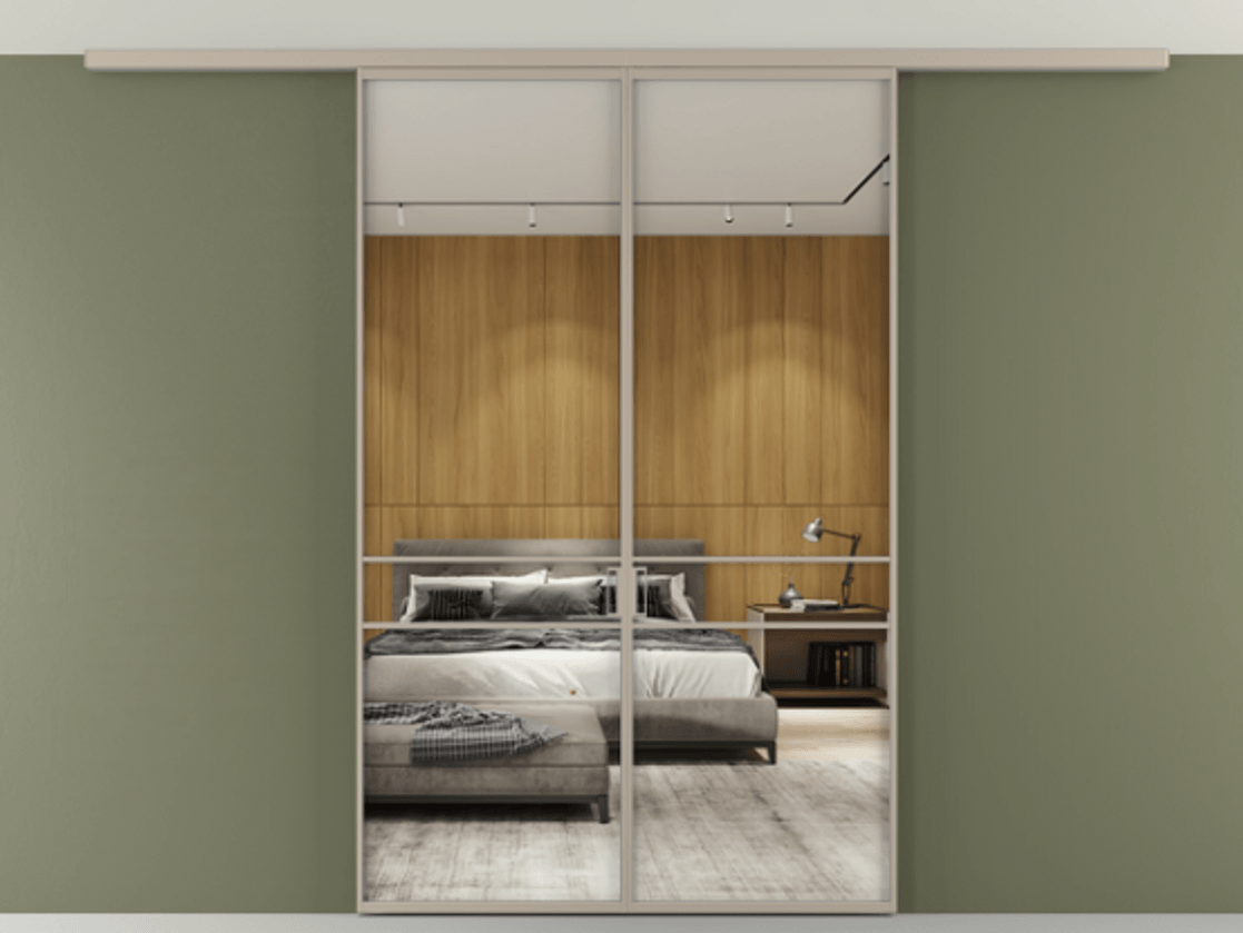 Перегородка Формато вдоль стены на потолок 2 створки АЛПР 040.02 Алюминий бисквитный Двустороннее зеркало, триплекс , триплекс 6 мм Цена 1258530 AMD | Volhovec