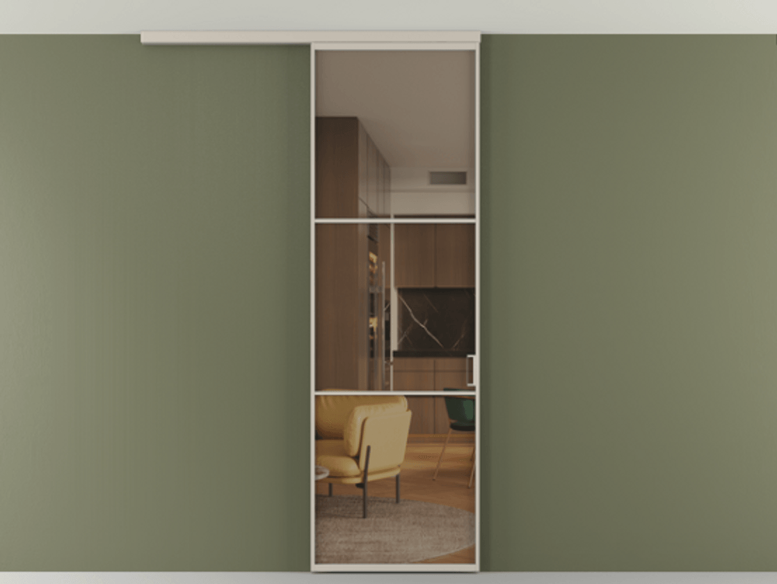 Перегородка Формато вдоль стены на потолок 1 створка АЛПР 040.03 Алюминий светло-бежевый Прозрачное бронзовое стекло, триплекс Цена 681060 AMD | Volhovec