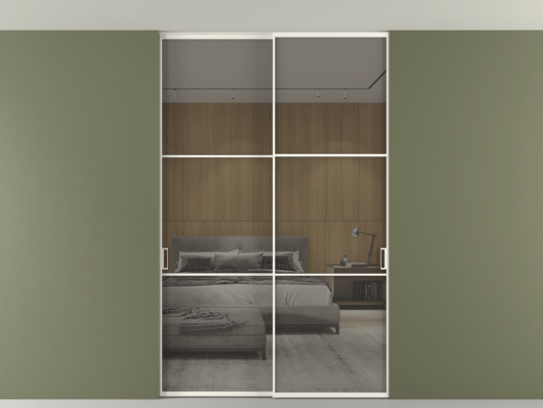 Перегородка Формато внутри проёма скрытое крепление в потолок 2 створки АЛПР 040.03 Алюминий пудровый белый Рефлективное серое стекло "Стопсол", калёное Цена 2060430 AMD | Volhovec