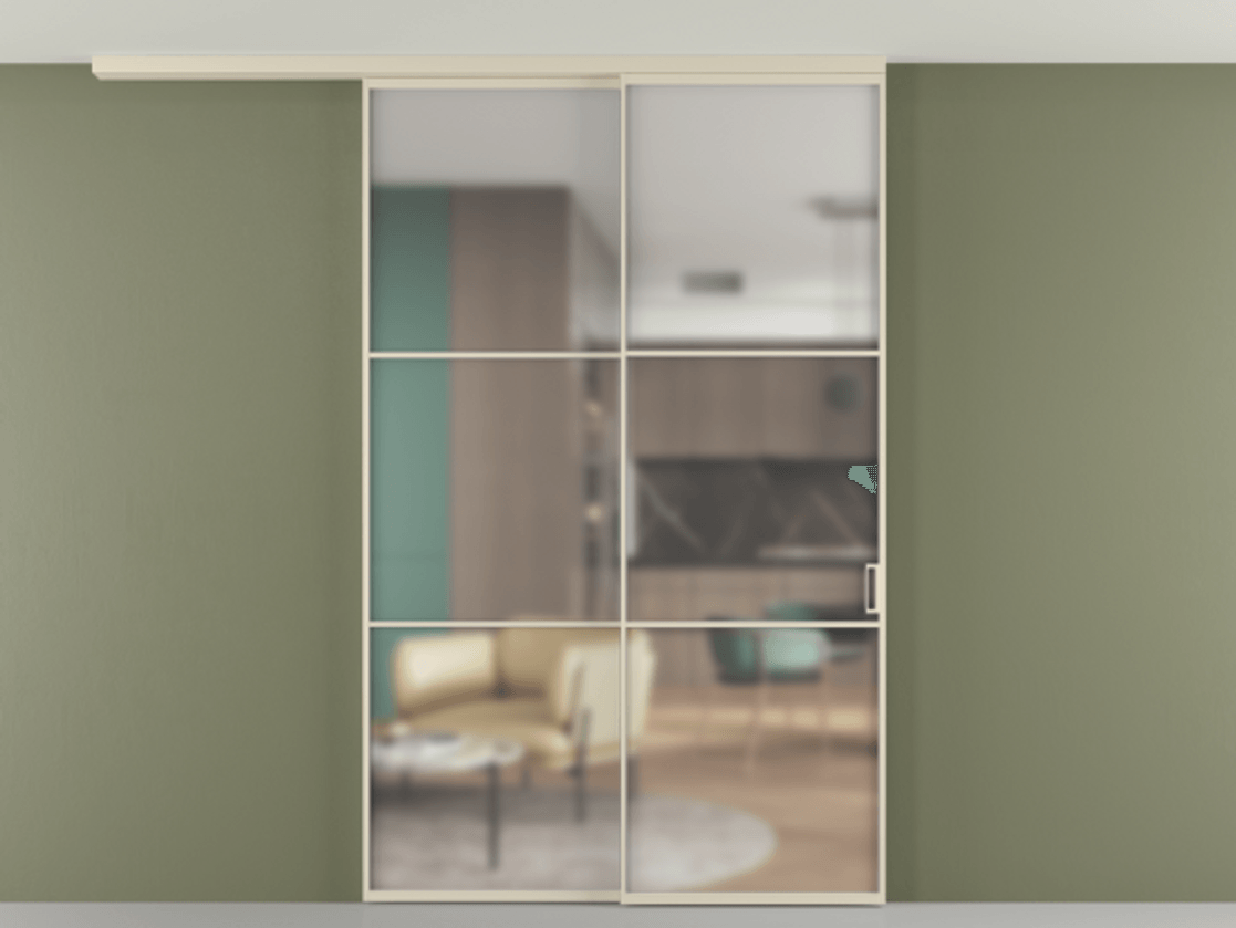 Перегородка Формато вдоль стены на потолок 2 створки с синхронным механизмом АЛПР 040.03 Алюминий бежево-серый Сатинированное стекло "Мателюкс Кристал Вижн", калёное, матовое, каленое 6 мм Цена 2205420 AMD | Volhovec