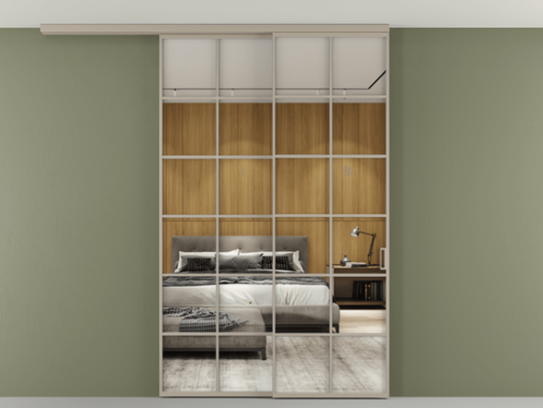 Перегородка Формато вдоль стены на потолок 2 створки с синхронным механизмом АЛПР 040.05 Алюминий бисквитный Двустороннее зеркало, триплекс , триплекс 6 мм Цена 1967250 AMD | Volhovec