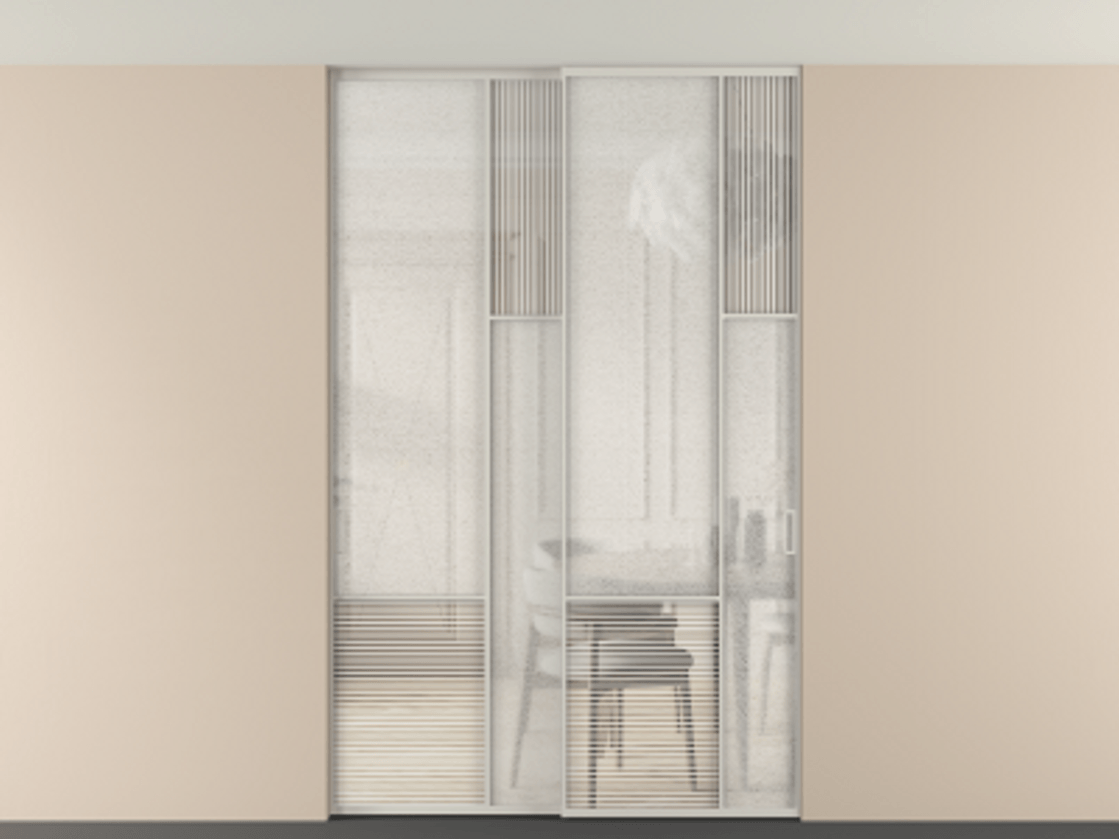 Перегородка Мозаик внутри проёма скрытое крепление в потолок 2 створки АЛПР 041.12 Алюминий тёплый серый Рифлёное стекло "Дюна", триплекс, 6 мм + Фактурное стекло "Лёд", триплекс Цена 2296870 AMD | Volhovec