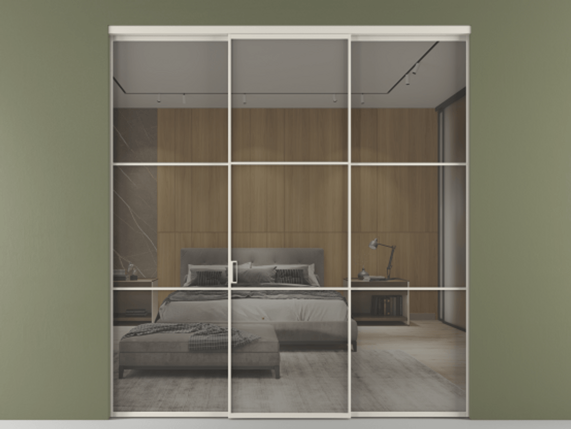 Перегородка Formato внутри проёма 3 створки АЛПР 040.03 Алюминий облачно-серый Рефлективное серое стекло "Stopsol", калёное Цена 2141890 AMD | Volhovec