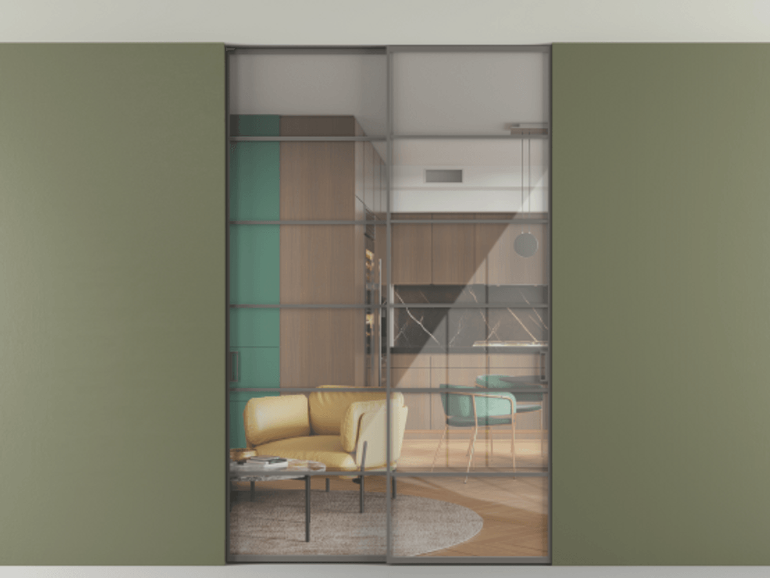 Перегородка Формато внутри проёма скрытое крепление в потолок 2 створки АЛПР 040.04 Алюминий классический серый Рефлективное прозрачное стекло "Стопсол", калёное Цена 2176150 AMD | Volhovec