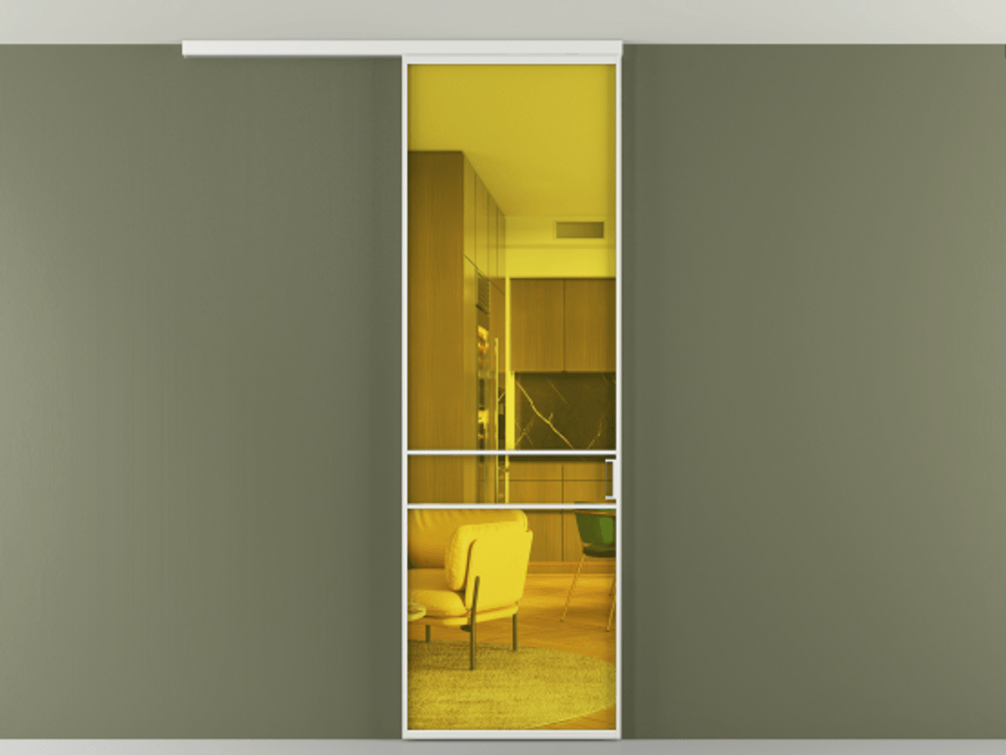 Перегородка Формато вдоль стены на потолок 1 створка АЛПР 040.02 Алюминий белоснежный Прозрачное жёлтое стекло, триплекс Цена 653200 AMD | Volhovec