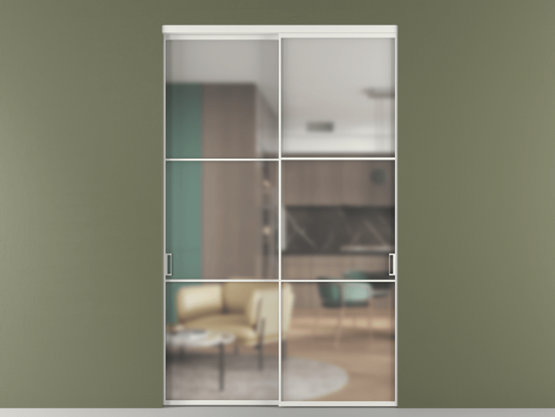 Перегородка Формато внутри проёма 2 створки АЛПР 040.03 Алюминий светло-серый Сатинированное стекло "Мателюкс Кристал Вижн", калёное, матовое, каленое 6 мм Цена 3225660 AMD  | Volhovec