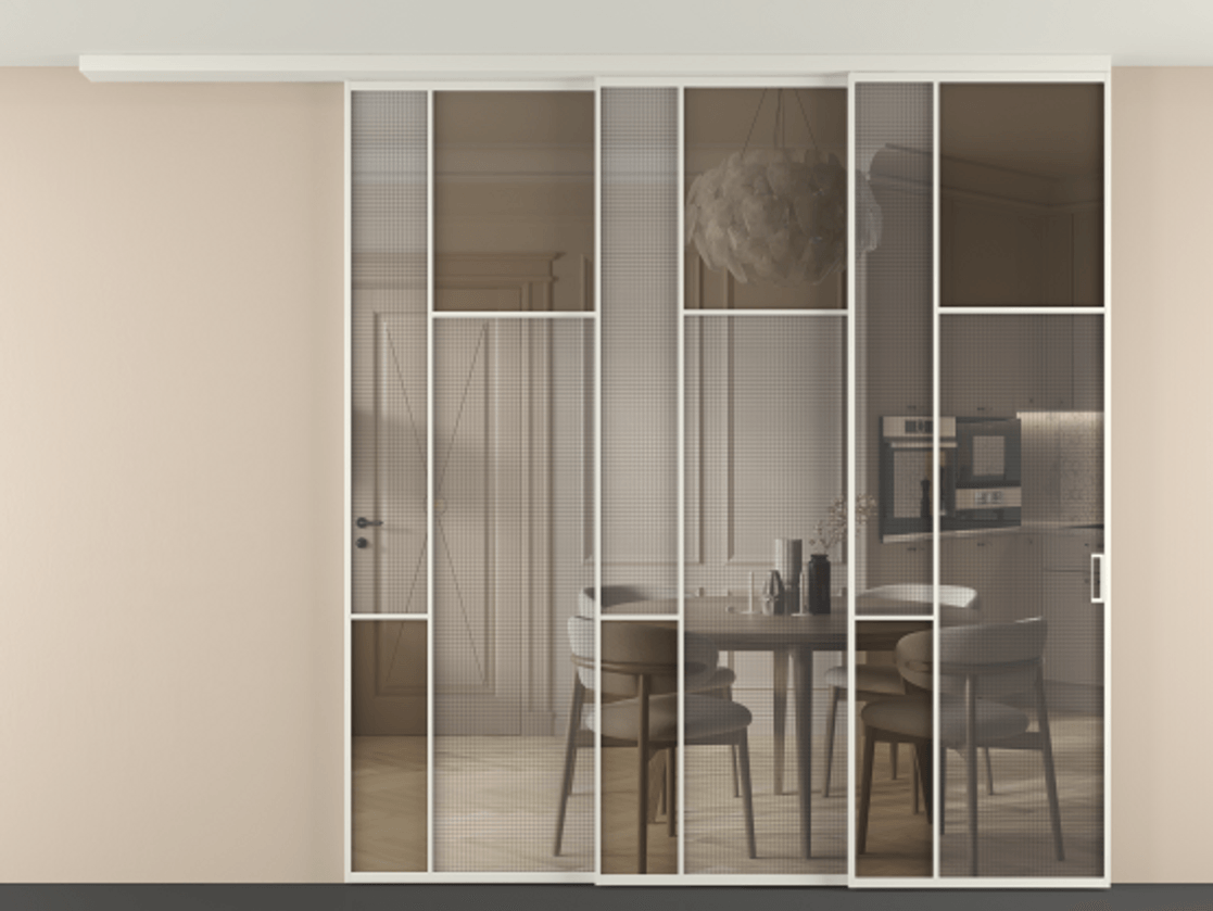 Перегородка Mosaic вдоль стены телескопик синхро 3 АЛПР 041.11 Алюминий Белый Декоративное стекло с сеткой "Mesh silver", триплекс, 6 мм + Прозрачное бронзовое стекло, триплекс, 6 мм. Скрытый короб БЕЛ Цена 3140550 AMD . Фабрика дверей Волховец 8 (800) 551 43 19  Перегородка Mosaic вдоль стены телескопик синхро 3 АЛПР 041.11 Алюминий Белый Декоративное стекло с сеткой "Mesh silver", триплекс, 6 мм + Прозрачное бронзовое стекло, триплекс, 6 мм Цена 3140550 AMD | Volhovec