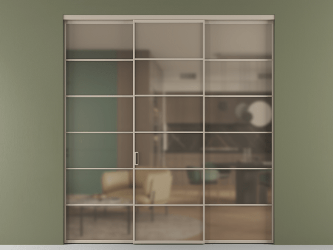 Перегородка Формато внутри проёма 3 створки АЛПР 040.04 Алюминий бисквитный Сатинированное бронзовое стекло, триплекс Цена 1718540 AMD | Volhovec