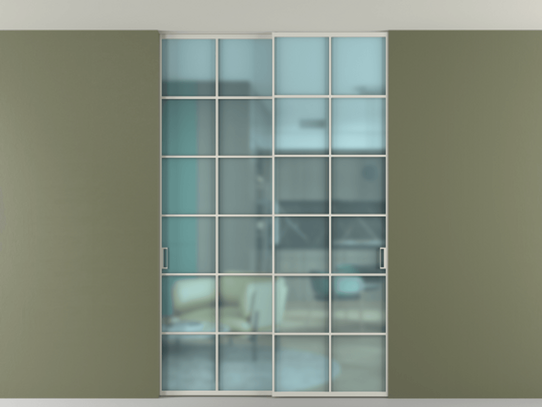 Перегородка Формато внутри проёма скрытое крепление в потолок 2 створки АЛПР 040.05 Алюминий тёплый серый Сатинированное голубое стекло, триплекс Цена 1760800 AMD | Volhovec