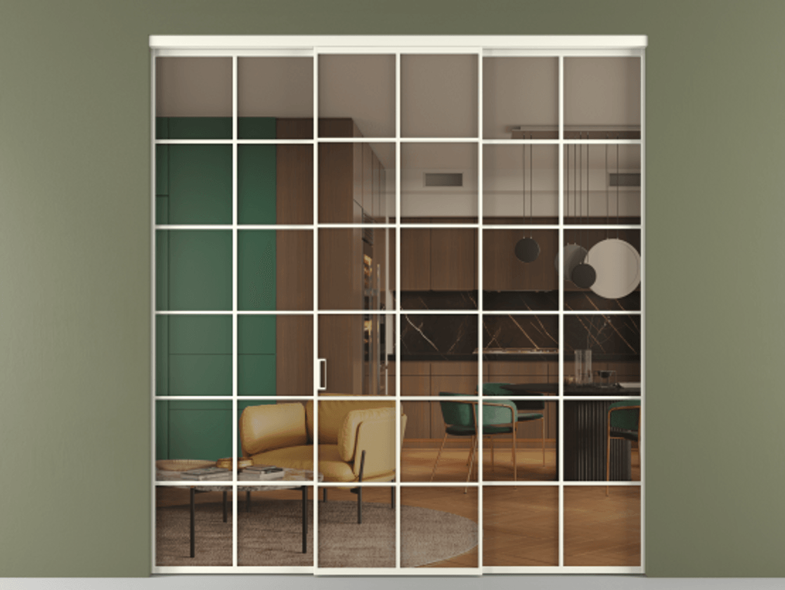 Перегородка Формато внутри проёма 3 створки АЛПР 040.05 Алюминий жемчужный Прозрачное бронзовое стекло, триплекс Цена 1718540 AMD | Volhovec