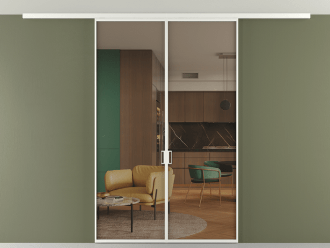 Перегородка Формато вдоль стены на потолок 2 створки АЛПР 040.01 Алюминий светло-серый Прозрачное бронзовое стекло, триплекс Цена 1456970 AMD | Volhovec