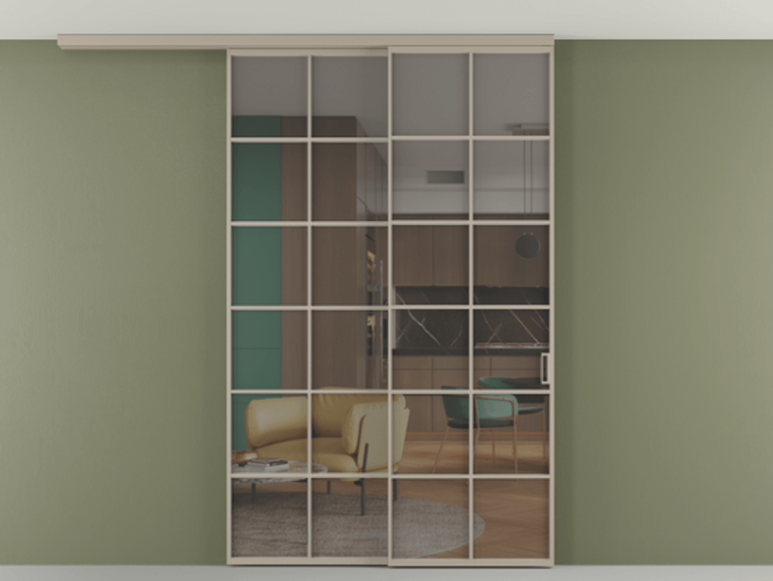 Перегородка Формато вдоль стены на потолок 2 створки с синхронным механизмом АЛПР 040.05 Алюминий бисквитный Прозрачное серое стекло, триплекс Цена 1967250 AMD | Volhovec