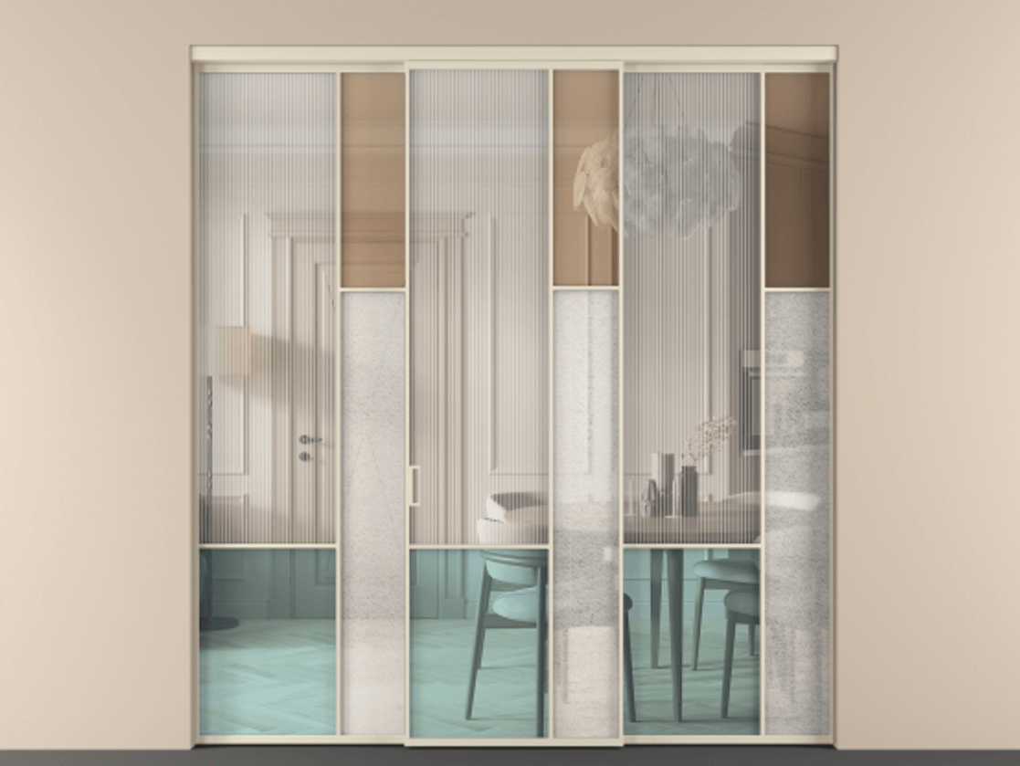 Перегородка Mosaic внутри проёма 3 створки АЛПР 041.12 Алюминий бежево-серый Комбинация стекол Группы 1 и Группы 3 Цена 2423700 AMD | Volhovec